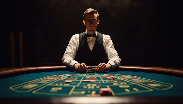 Meja American Roulette dengan 38 nomor dan roda roulette di studio dealer petir99